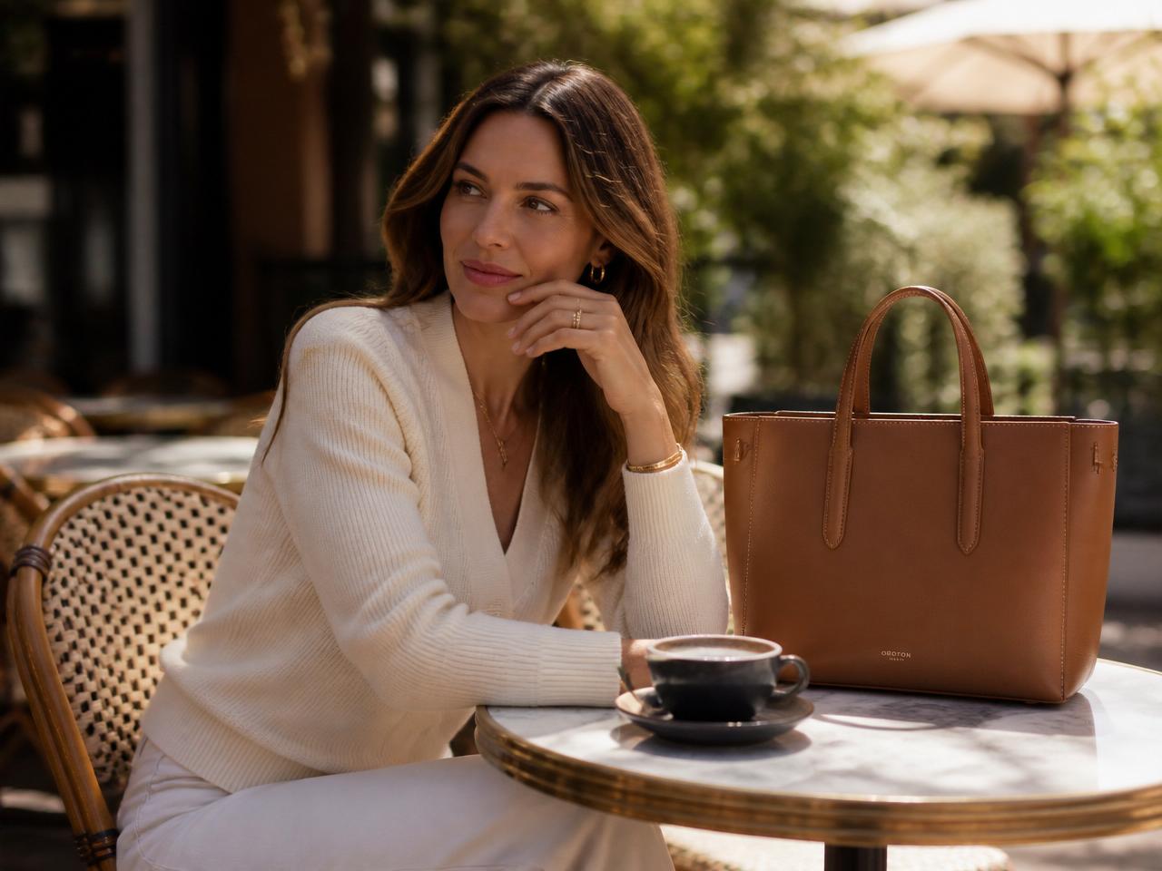 Woman enjoying coffee at a cafe with a Luxe Bags Australia handbag